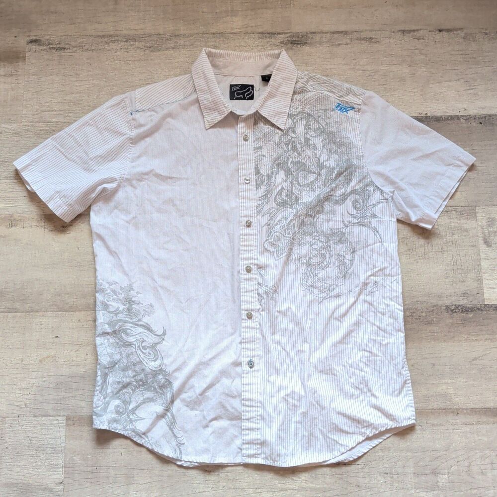 VTG Fox Racing Men Short Sleeve Button Down Shirt White Pinstripe Graphic XLY2K